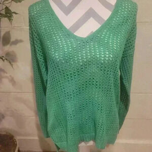 Jeanne Pierre V-Neck Techno Knit Cotton Fishnet Pullover Sweater SIZE SMALL GRN